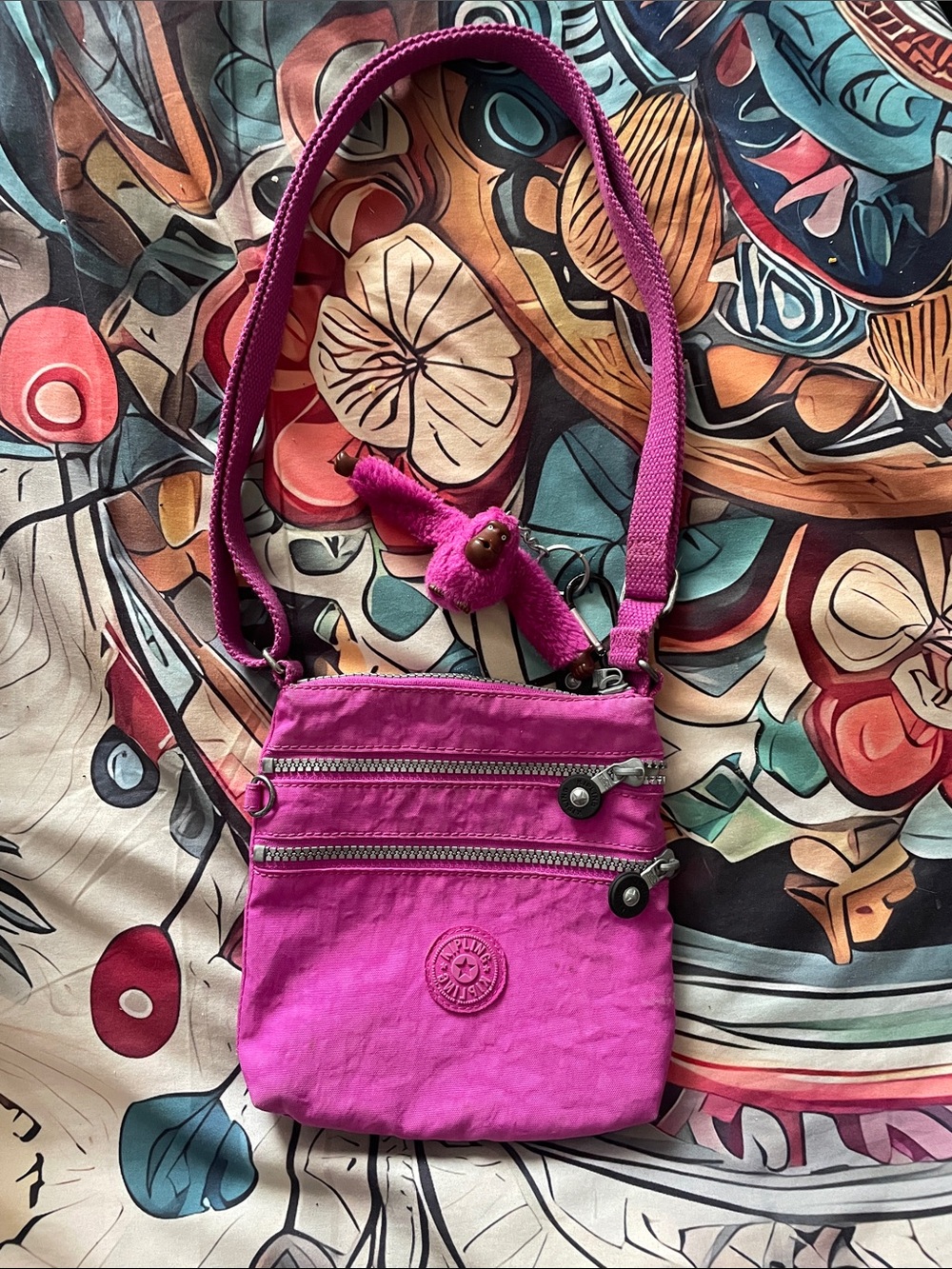 Kipling Bright Fuchsia Crossbody Bag with Monkey Charm